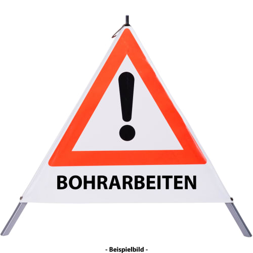 Faltsignal mit rotem Dreieck und Ausrufezeichen, Warnschild mit Text BOHRARBEITEN