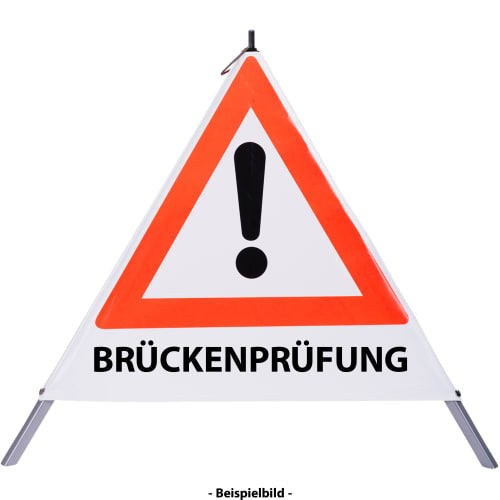 Faltsignal mit rotem Dreieck und Ausrufezeichen sowie dem Text BRÜCKENPRÜFUNG