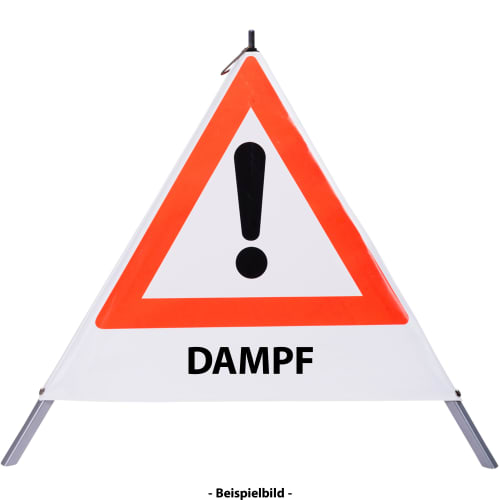 Faltsignal Warnschild mit rotem Dreieck, Ausrufezeichen und Text DAMPF zur Kennzeichnung einer Gefahrenstelle