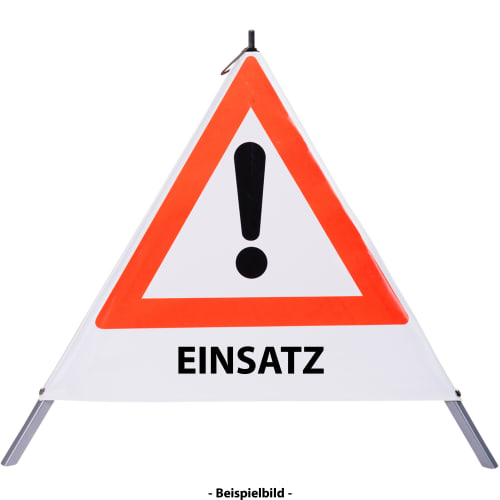 Faltsignal mit rotem Dreieck und Ausrufezeichen, Text EINSATZ, Warnschild für Gefahrenstelle