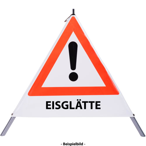 Faltsignal Warnschild mit rotem Dreieck und Ausrufezeichen sowie Text Eisglätte