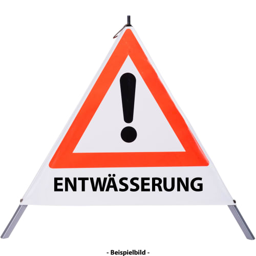 Faltsignal mit rotem Dreieck und Ausrufezeichen, Warnschild mit Text ENTWÄSSERUNG