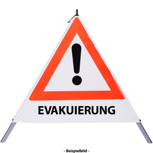 Faltsignal mit rotem Dreieck und Ausrufezeichen, Text EVAKUIERUNG, Warnschild für Gefahrenstelle