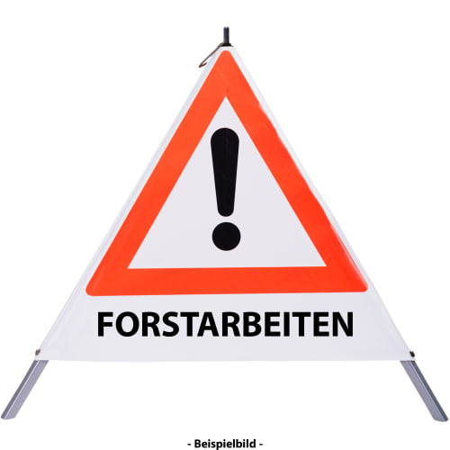 Faltsignal mit rotem Dreieck und Ausrufezeichen sowie Text FORSTARBEITEN