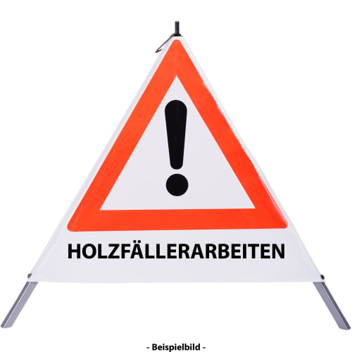 Faltsignal mit Warnsymbol und Text HOLZFÄLLERARBEITEN zur Kennzeichnung von Gefahrenstellen bei Holzfällerarbeiten
