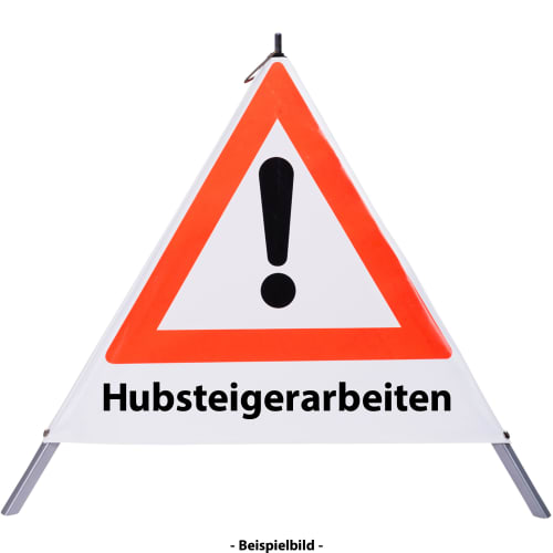 Faltsignal mit Warnsymbol und Text Hubsteigerarbeiten zur Kennzeichnung von Gefahrenstellen