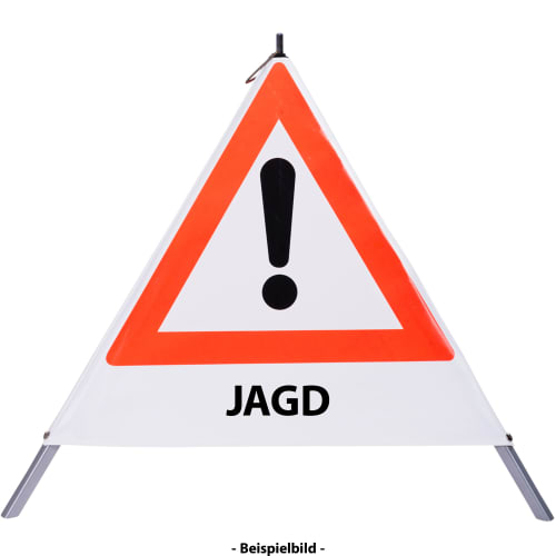 Faltsignal mit rotem Dreieck und Ausrufezeichen, Text JAGD, Warnschild für Gefahrenstelle bei Jagd
