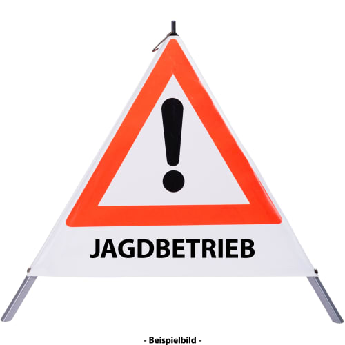 Faltsignal mit rotem Dreieck und Ausrufezeichen, Text JAGDBETRIEB, Warnschild für Gefahrenstelle im Jagdbetrieb