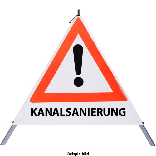Faltsignal mit Warnsymbol und Text Kanalsanierung zur Gefahrenstelle