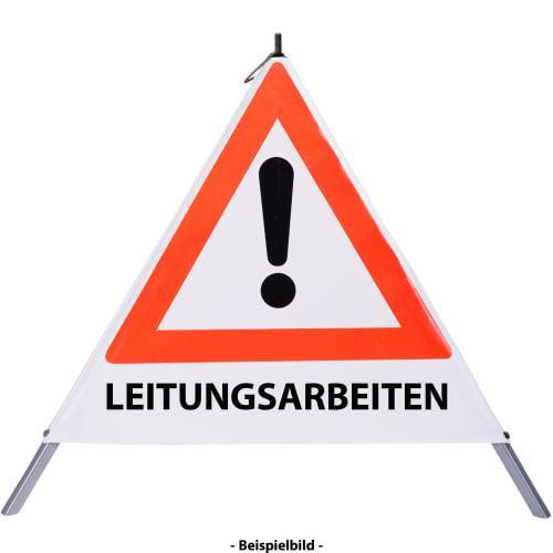 Faltsignal mit rotem Dreieck und Ausrufezeichen, Text LEITUNGSARBEITEN, Warnschild für Gefahrenstelle