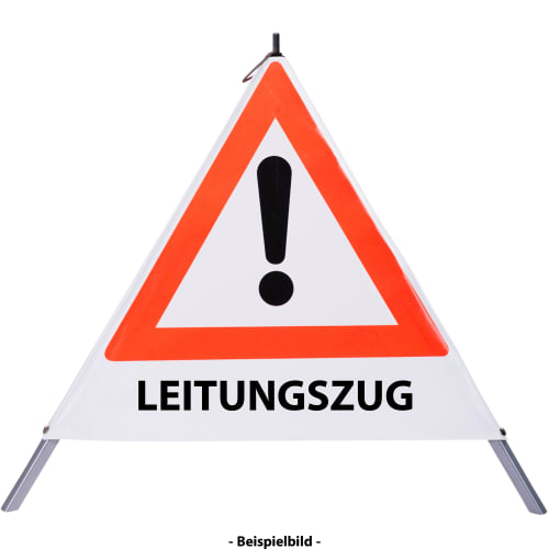 Faltsignal mit rotem Dreieck und Ausrufezeichen, darunter der Text LEITUNGSZUG