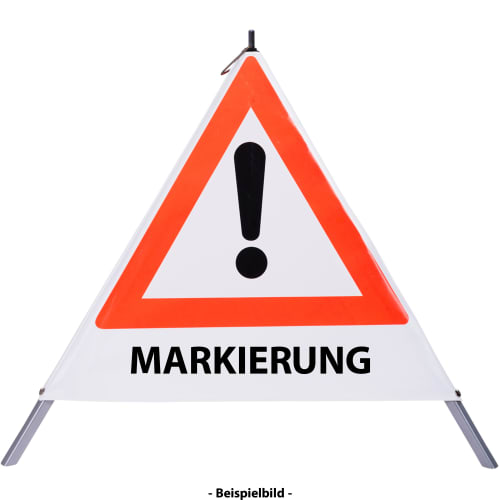 Faltsignal mit rotem Dreieck und Ausrufezeichen sowie dem Text MARKIERUNG zur Kennzeichnung von Gefahrenstellen