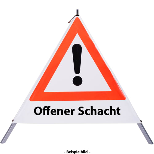 Faltsignal Warnschild mit rotem Dreieck und Ausrufezeichen, Text Offener Schacht