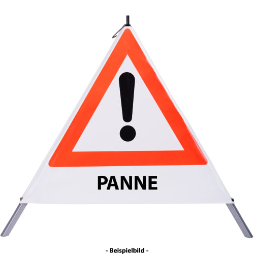 Faltsignal mit rotem Dreieck und Ausrufezeichen, Text PANNE, Warnschild für Gefahrenstelle