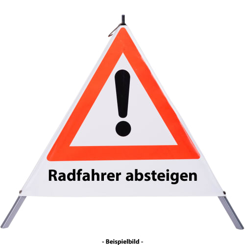 Faltsignal mit rotem Dreieck und Ausrufezeichen, Text Radfahrer absteigen