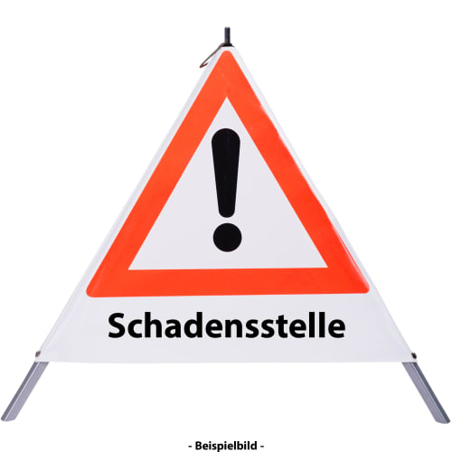 Faltsignal mit rotem Dreieck und Ausrufezeichen, Text Schadensstelle, Warnschild für Gefahrenstelle