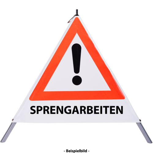 Faltsignal mit rotem Dreieck und Ausrufezeichen sowie Text SPRENGARBEITEN zur Kennzeichnung einer Gefahrenstelle