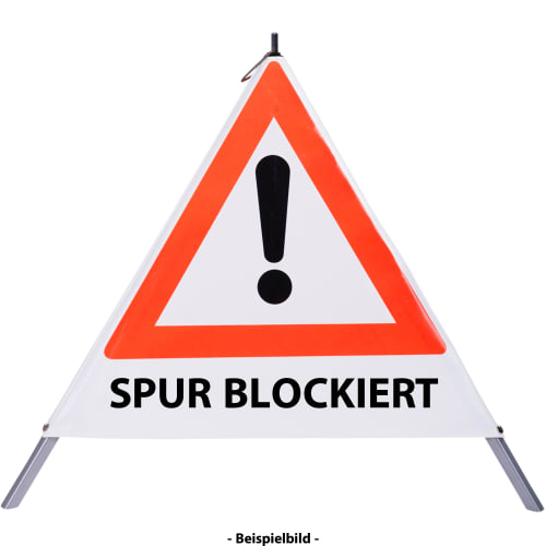 Faltsignal mit rotem Dreieck und Ausrufezeichen sowie Text SPUR BLOCKIERT