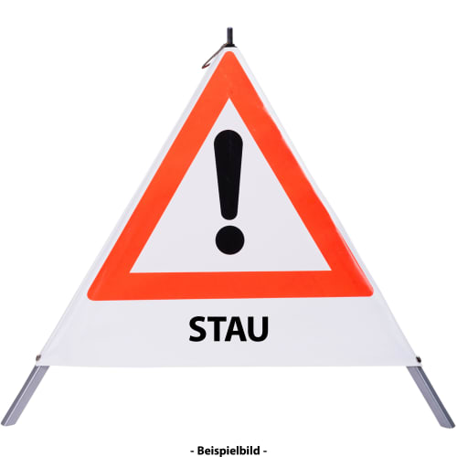 Faltsignal mit rotem Dreieck und Ausrufezeichen, darunter der Text STAU, Warnschild für Gefahrenstelle