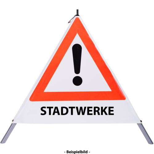 Faltsignal mit rotem Dreieck und Ausrufezeichen, Text STADTWERKE, Warnschild für Gefahrenstelle