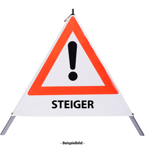 Faltsignal mit rotem Dreieck und Ausrufezeichen, Text STEIGER, Warnschild für Gefahrenstelle
