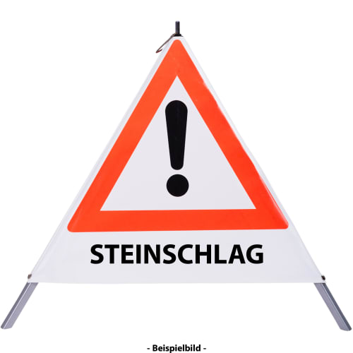 Faltsignal Warnschild mit rotem Dreieck und Ausrufezeichen sowie Text STEINSCHLAG