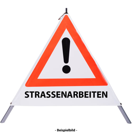 Faltsignal mit rotem Dreieck und Ausrufezeichen sowie dem Text STRASSENARBEITEN zur Warnung vor Straßenarbeiten