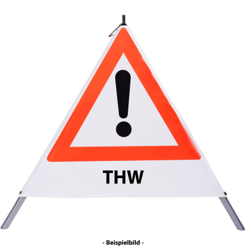 Faltsignal Gefahrenstelle mit rotem Dreieck und Ausrufezeichen sowie Text THW