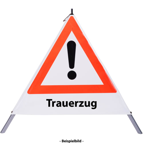 Faltsignal mit rotem Dreieck und Ausrufezeichen sowie Text Trauerzug zur Kennzeichnung einer Gefahrenstelle