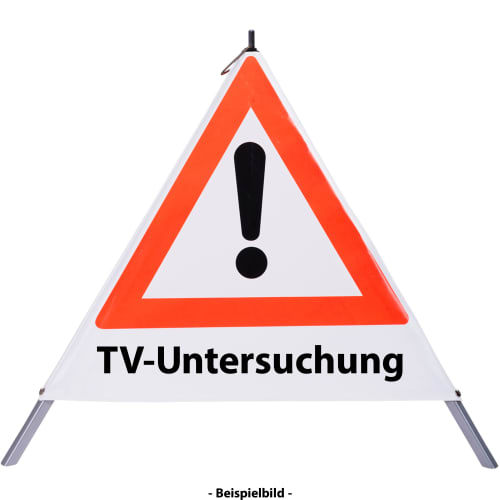 Faltsignal mit rotem Dreieck und Ausrufezeichen, Text TV-Untersuchung