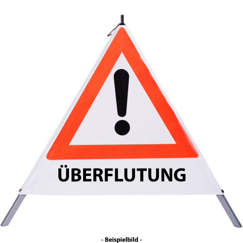 Faltsignal mit rotem Dreieck und Ausrufezeichen, Text ÜBERFLUTUNG, Warnschild für Gefahrenstelle