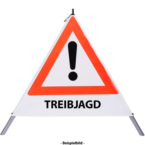 Faltsignal mit rotem Dreieck und Ausrufezeichen sowie Text TREIBJAGD zur Warnung vor Gefahrenstelle
