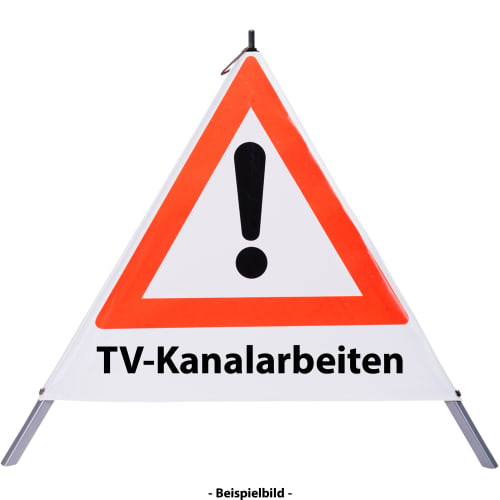 Faltsignal mit rotem Dreieck und Ausrufezeichen, Text TV-Kanalarbeiten