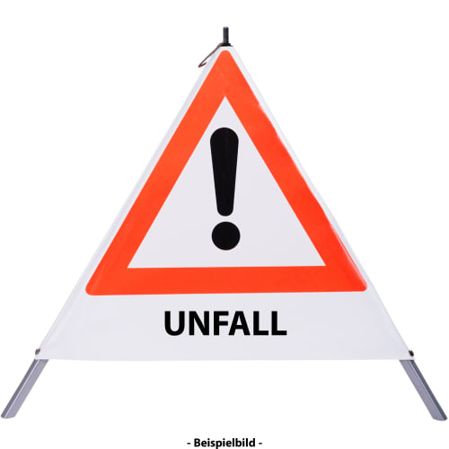 Faltsignal mit rotem Dreieck und Ausrufezeichen sowie dem Text UNFALL zur Kennzeichnung einer Gefahrenstelle