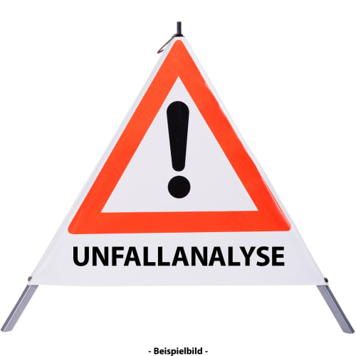 Faltsignal mit rotem Dreieck und Ausrufezeichen sowie Text UNFALLANALYSE