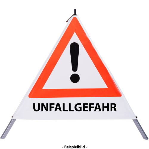 Faltsignal mit rotem Dreieck und Ausrufezeichen sowie dem Text UNFALLGEFAHR