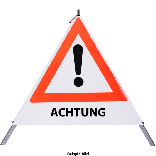 Faltsignal mit rotem Dreieck und Ausrufezeichen sowie dem Text ACHTUNG zur Kennzeichnung einer Gefahrenstelle