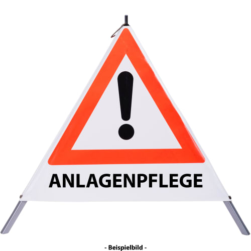 Faltsignal mit rotem Warn-Dreieck und Ausrufezeichen, Text ANLAGENPFLEGE