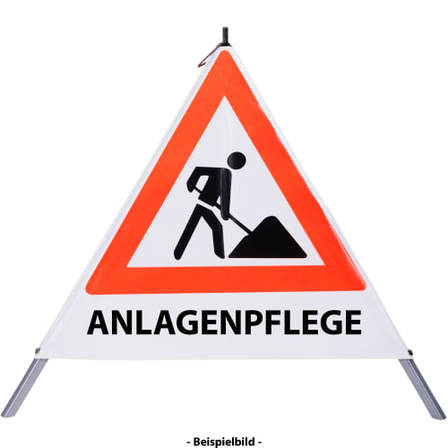 Faltsignal Baustelle mit rotem Dreieck und schwarzer Figur mit Schaufel, Text ANLAGENPFLEGE