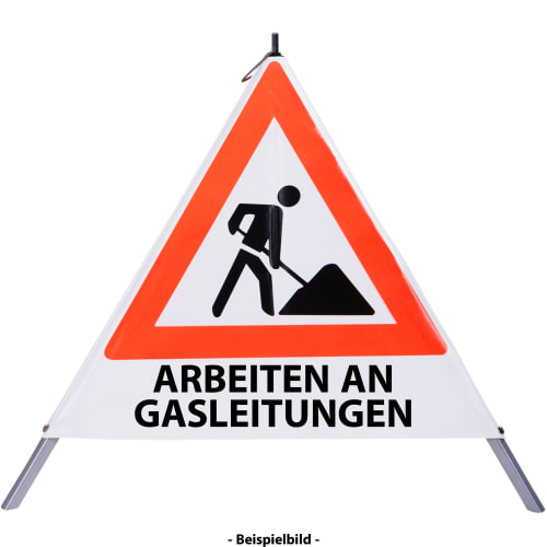 Faltsignal Baustelle mit Warnsymbol und Text Arbeiten an Gasleitungen