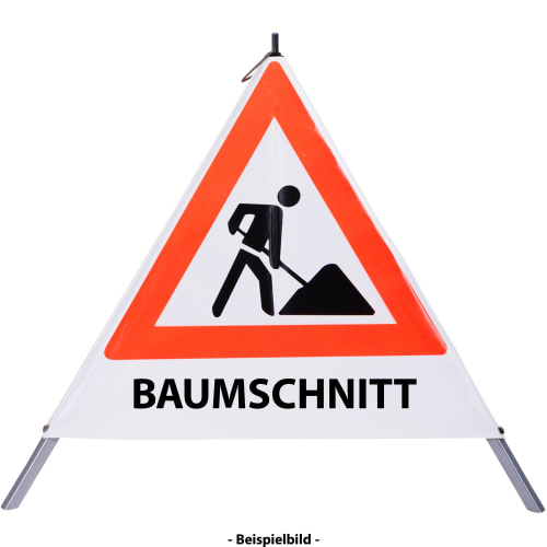 Faltsignal Baustelle mit rotem Dreieck und schwarzer Figur beim Graben, Text BAUMSCHNITT