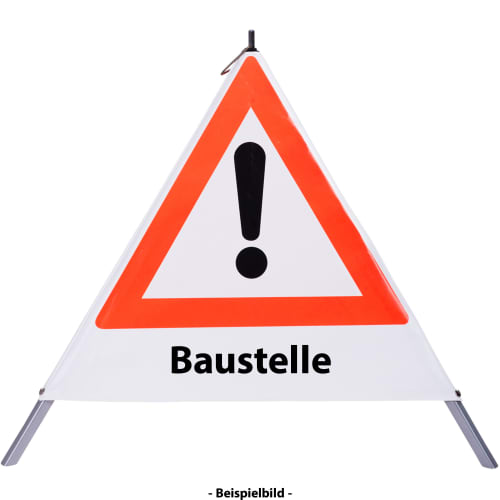 Faltsignal mit rotem Dreieck und Ausrufezeichen sowie dem Text Baustelle zur Warnung vor Gefahrenstelle