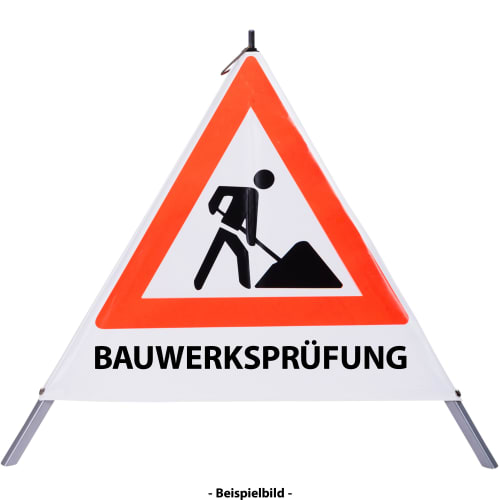Faltsignal Baustelle mit rotem Dreieck und schwarzem Symbol einer arbeitenden Person, Text BAUWERKSPRÜFUNG