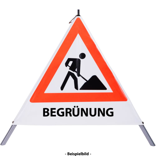 Faltsignal Baustelle mit rotem Dreieck und schwarzer Figur beim Arbeiten mit Schaufel, Text BEGRÜNUNG