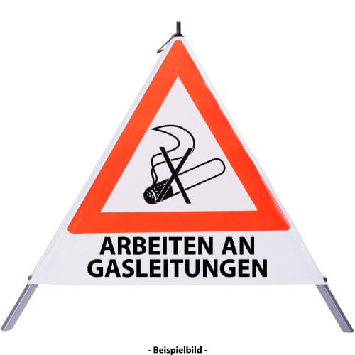 Faltsignal Rauchverbot mit Text Arbeiten an Gasleitungen, Dreieck Warnschild mit durchgestrichener Zigarette