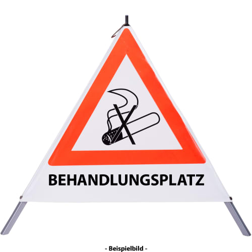Faltsignal Rauchverbot mit Text BEHANDLUNGSPLATZ, dreieckiges Warnschild mit durchgestrichener Zigarette