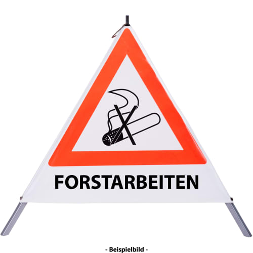 Faltsignal Rauchverbot mit Text FORSTARBEITEN, Warnschild mit durchgestrichener Zigarette und rotem Dreieck