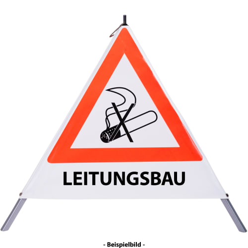 Faltsignal Rauchverbot mit Text LEITUNGSBAU, dreieckiges Warnschild mit durchgestrichener Zigarette