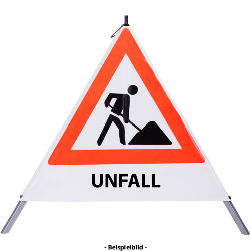Faltsignal Baustelle mit rotem Dreieck und schwarzer Figur mit Schaufel, Text UNFALL