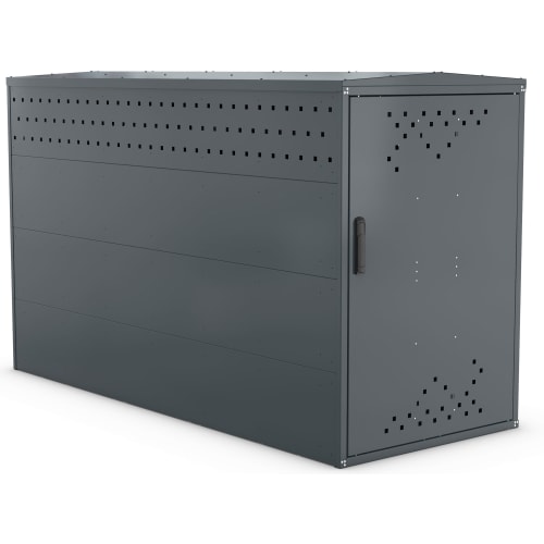 Fahrradgarage BikeBox 1 G aus Metall in dunkelgrauer Farbe mit Lüftungslöchern und Türgriff